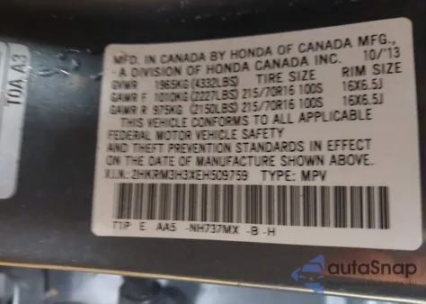 2014 Honda Cr-V Lx z USA, uszkodzony, nr VIN 2HKRM3H3XEH509759